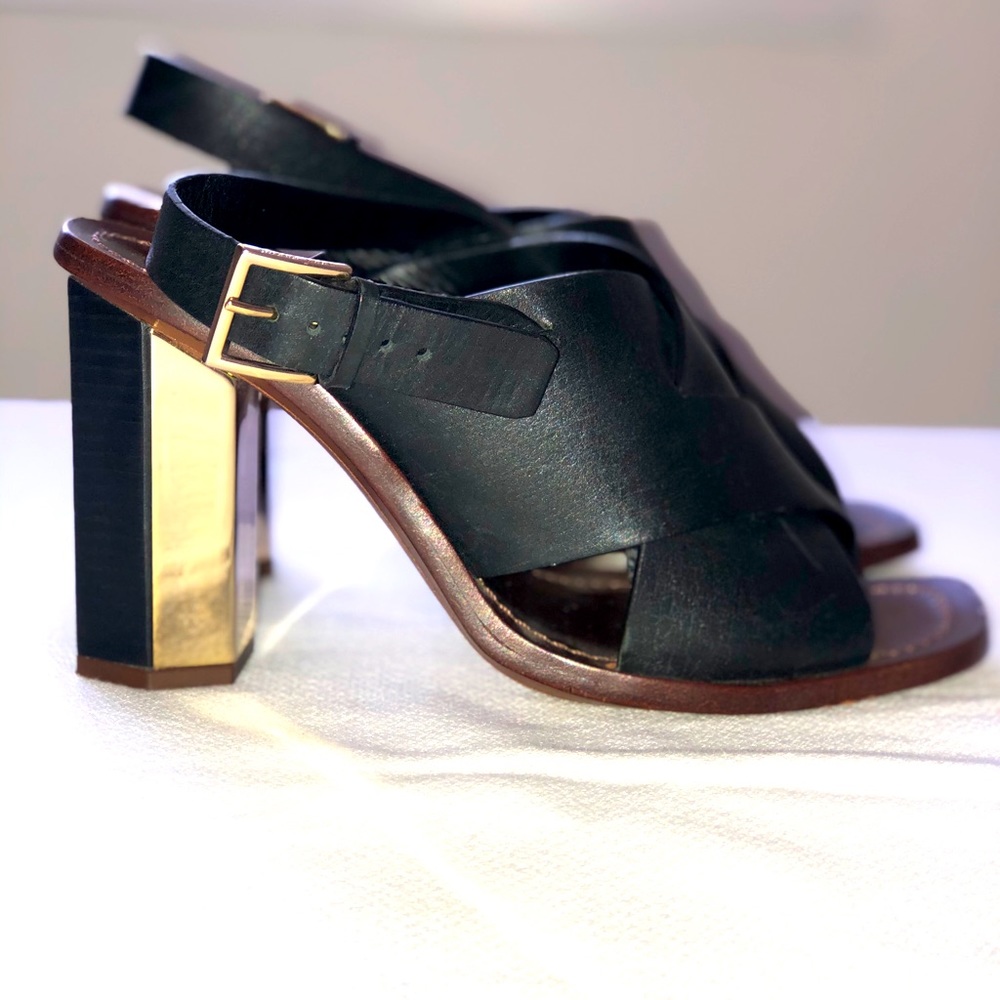 Tory Burch Black Leather Heel Sandals w/ Gold Heel